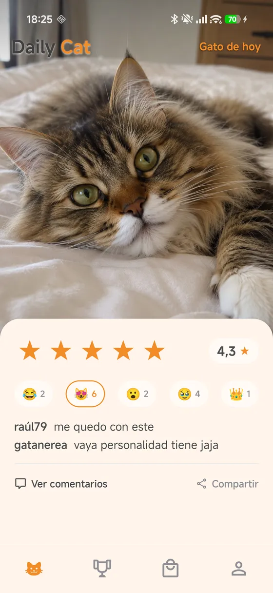 Pantalla principal de Daily Cat: el gato del día con su valoración, reacciones y comentarios